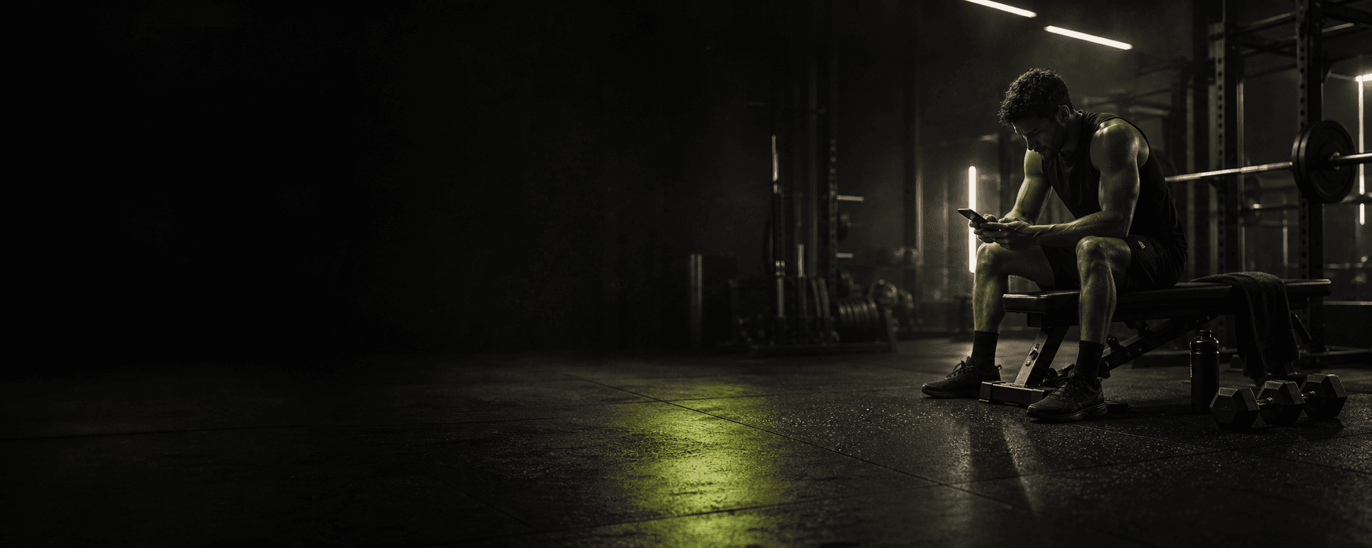 Athlete using a phone in a dark gym before training