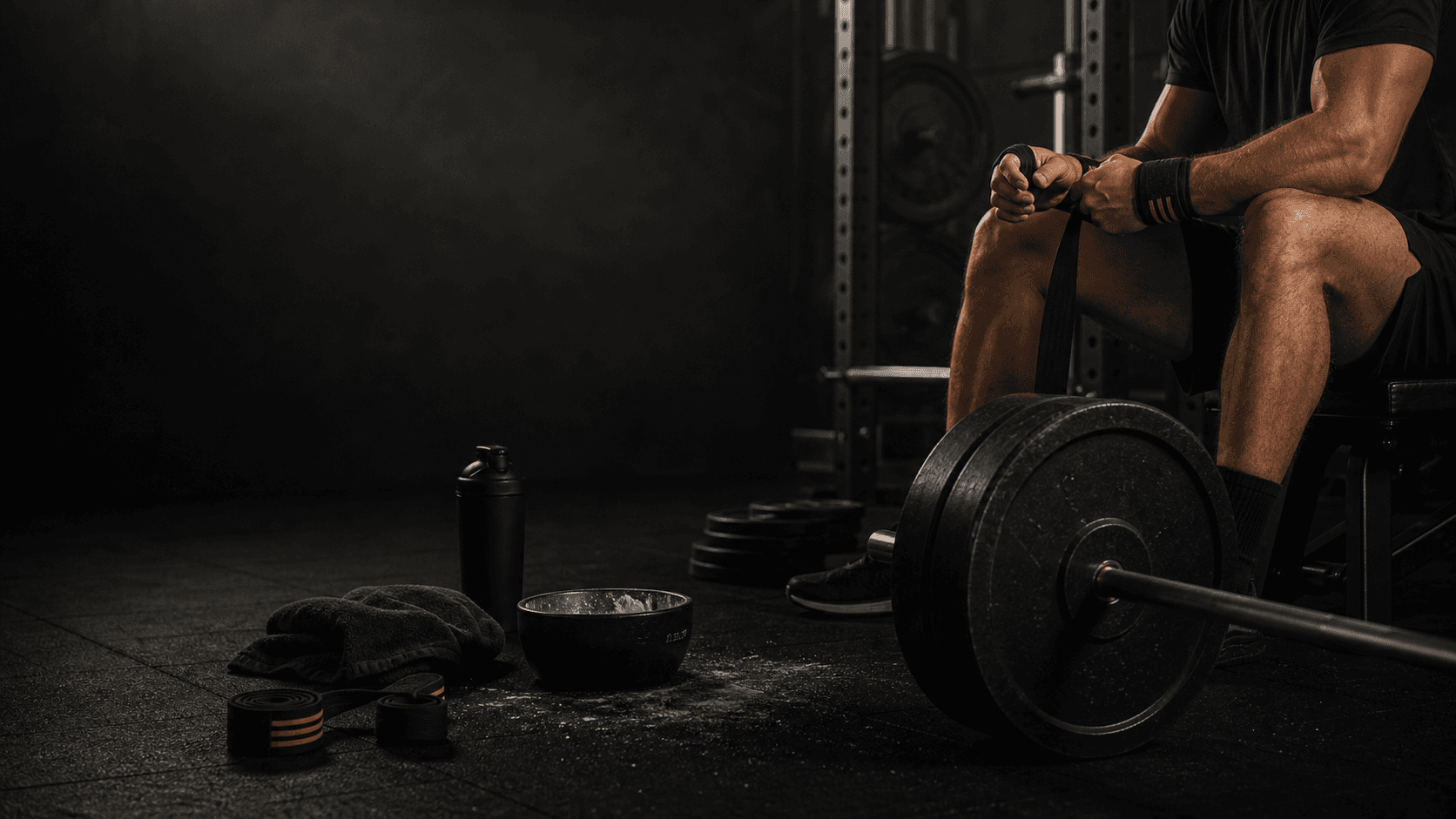 Athlete preparing wrist wraps beside a loaded barbell before a strength session